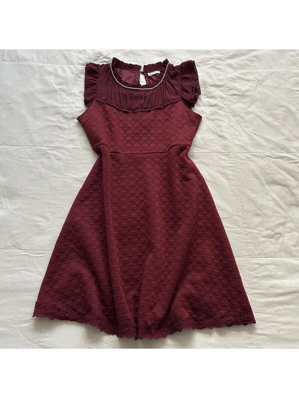 Axes Femme Red Dress Lace Pearl Ruffle Floral Jacquard Medium Japan